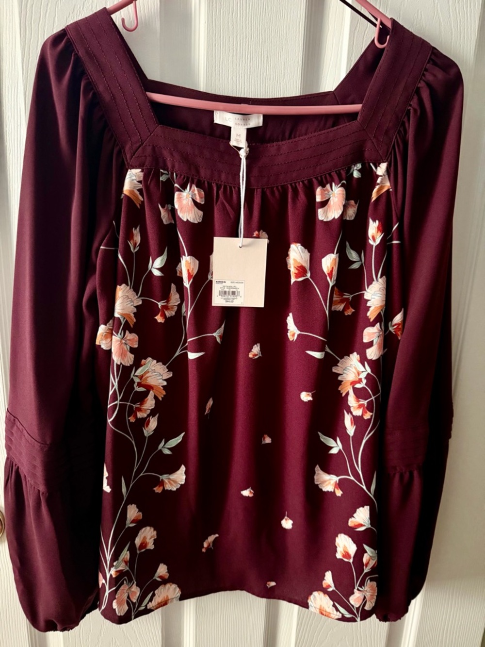 LC Lauren Conrad Burgundy Floral Long Sleeve Peasant Blouse